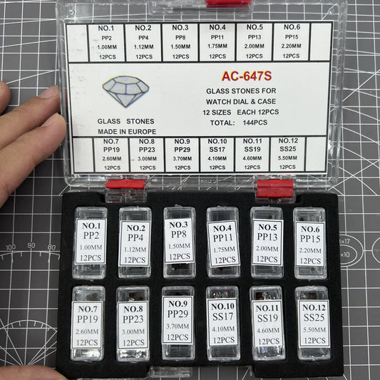 Set of 144 artificial glass stones in 12 sizes for watch dials and cases, enhancing accessory designs.