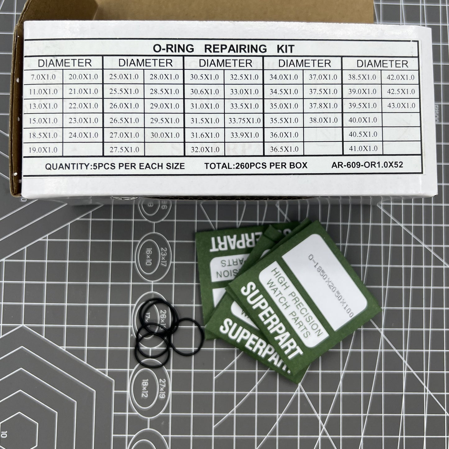 Kit de joints toriques étanches pour fond de montre, épaisseur 1,0 mm, 52 tailles, 260 pièces