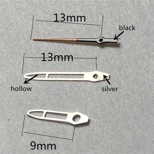 Silver trimmed hollow arrow 13mm watch hands, compatible with Miyota 2315, 2035, 2036, 2115, 2305 movements.