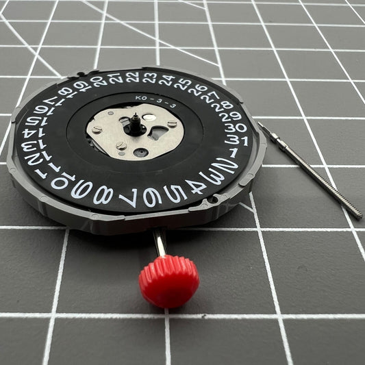 Miyota 2415 quartz watch movement with black date disk at 3 o'clock, Japan made precision.