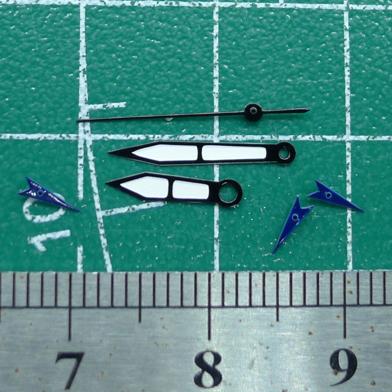 Dark blue trimmed green luminous watch hands, 13mm length, compatible with Miyota 0S10, Wholesale brand.