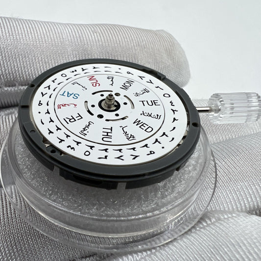 Japan Made NH36 automatic watch movement with Arabic date dial and crown at 3 o'clock.