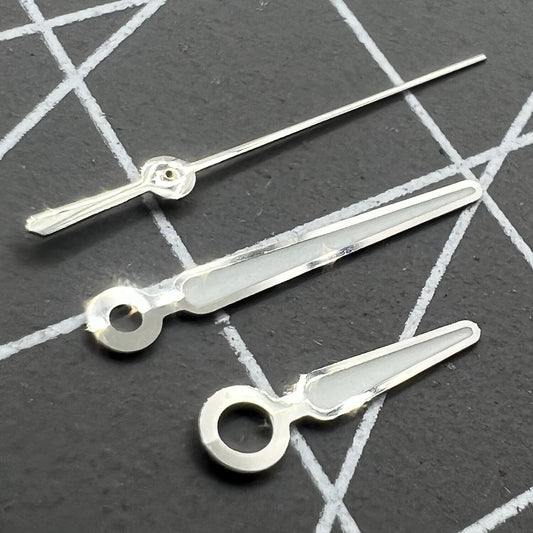 Silver-trimmed 13mm C3 blue lume watch hands set, compatible with NH35/NH36 movement, for precise timekeeping.