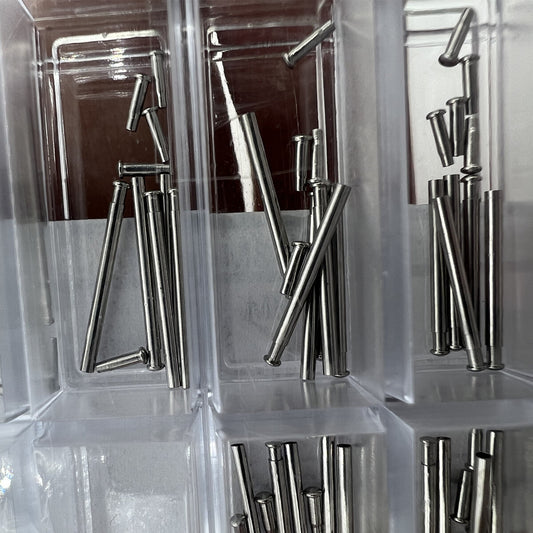 Watch band part pins with tubes, 1.2mm diameter, 13 sizes, 65 pcs box for precise watch band repair.