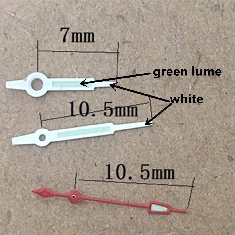 10.5mm White Trim Green Lume Watch Hands for Movement Hattori Epson PC32 Quartz