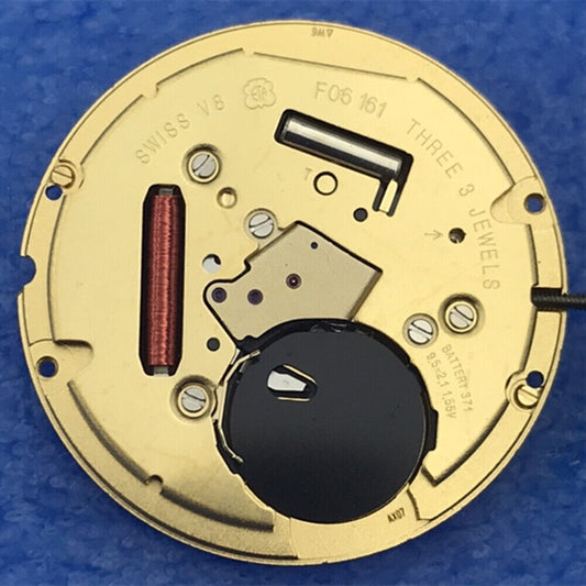 ETA F06.161 quartz watch movement with 3 hands and white date display at 3 o'clock by ETA.