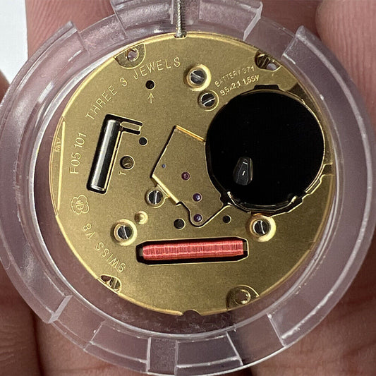 Original ETA F05.101 quartz watch movement with 2 hands, no date, precision Swiss craftsmanship.