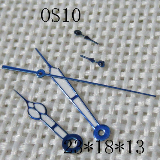 Blue-trimmed green lume watch hands for Miyota OS10 0S10 movement, precise fit for watch repair.