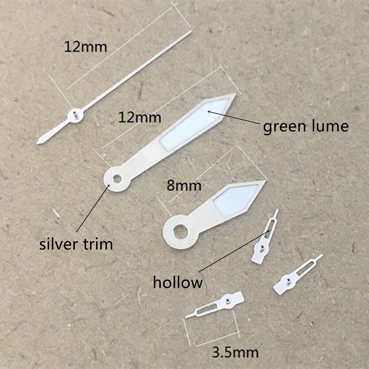 Aiguilles de montre luminescentes vertes 12 x 12 x 8 mm avec garniture argentée pour mouvement Epson VD53, VD54 et VD57