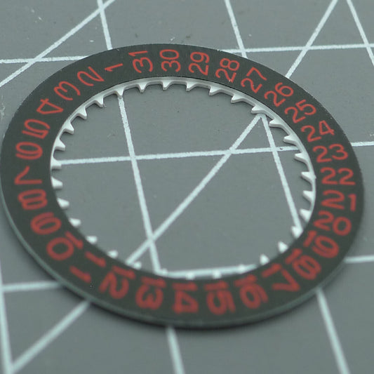 Black background red character date disk for NH35 NH36 watch movement, enhancing dial readability.