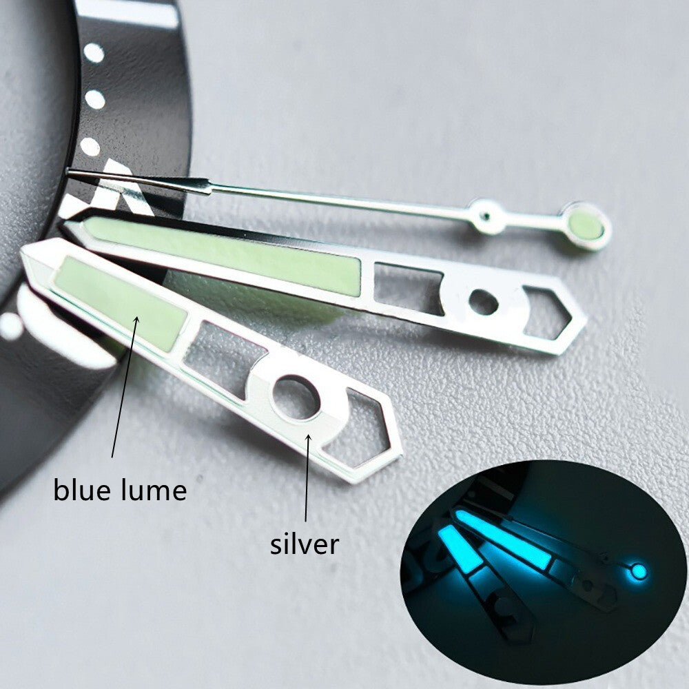 13mm Hollow Silver Trim Blue Lume Watch Hands for Seiko NH35 NH36 Movement