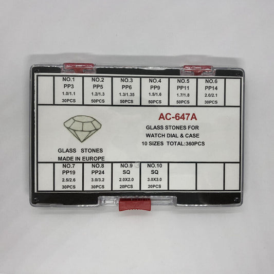 AC-647A glass stones set for watch dials, 10 sizes, 360 pieces for stylish accessories.