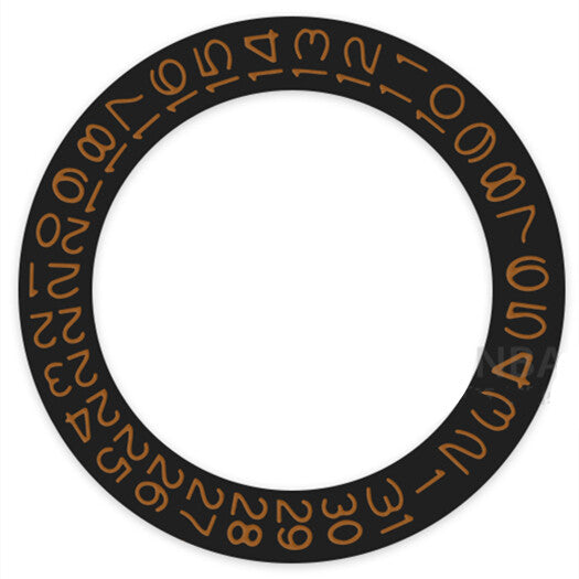 Brown date wheel for Seiko NH35 NH36 watch movement, detailed character markings on black background.
