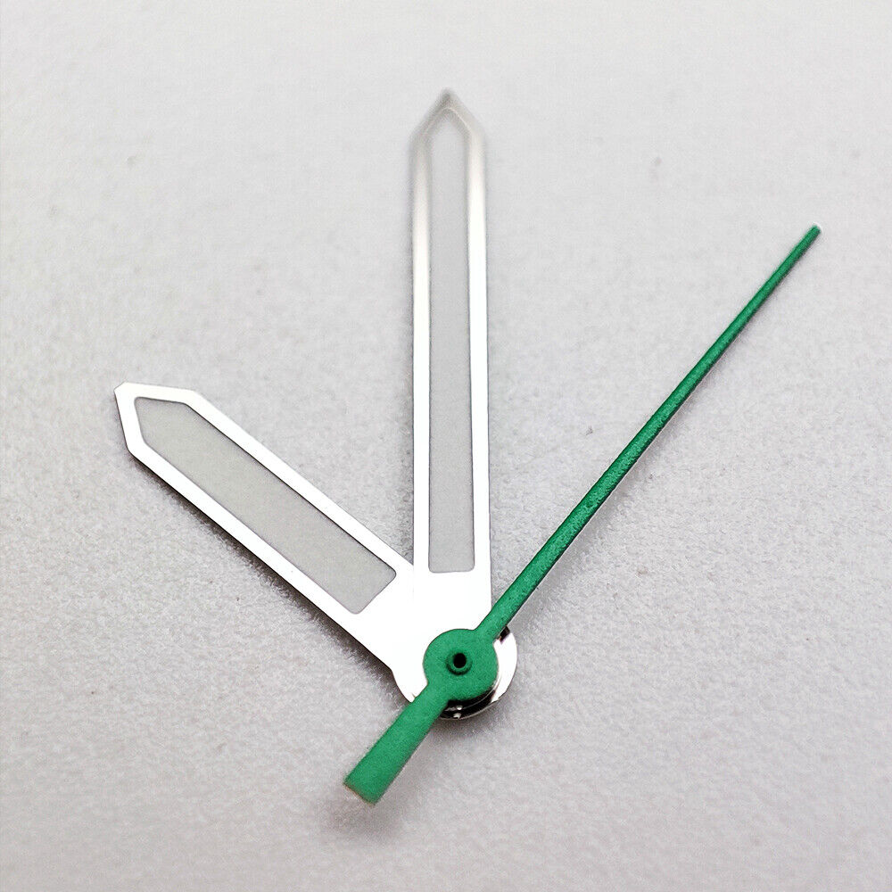 Silver trim green luminous watch hands for NH35A/NH36A/4R36 movements, enhancing visibility and precision.