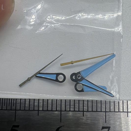 Set of blue painted watch hands for Miyota 2035 movement, sizes 13mm, 11mm, and 9mm by #1520 brand.