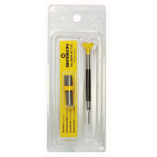Bergeon 6899-AT-080 ergonomic 0.8mm screwdrivers set with spare blades for precision watch repair.