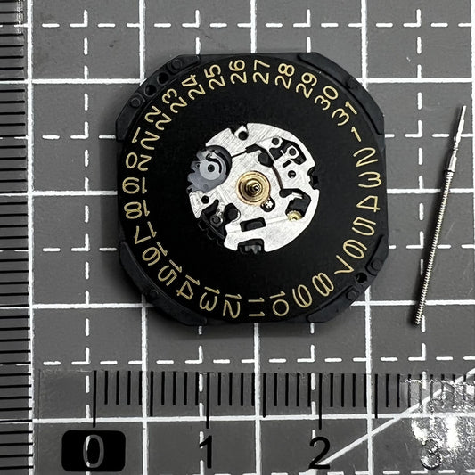 Hattori VX42 quartz day-date watch movement with gold font and black dial, 2-piece set