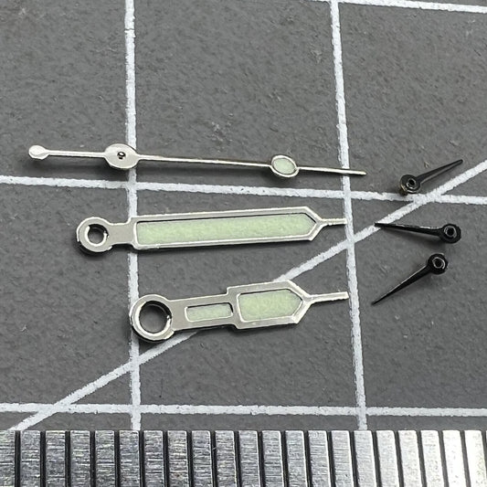 11.5mm green luminous watch hands with silver trim, designed for Miyota 0S60 movement.