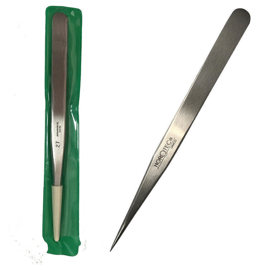 Horotec MSA12.302-27 strong pointed tweezers for precise stone handling in watchmaking tasks.