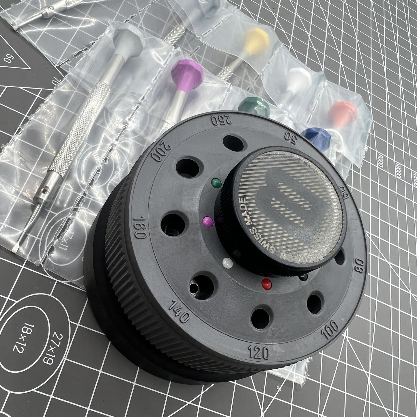 Bergeon 30081-S09 ergonomic Swiss screwdriver set with 9 precision tools for watch repair tasks.