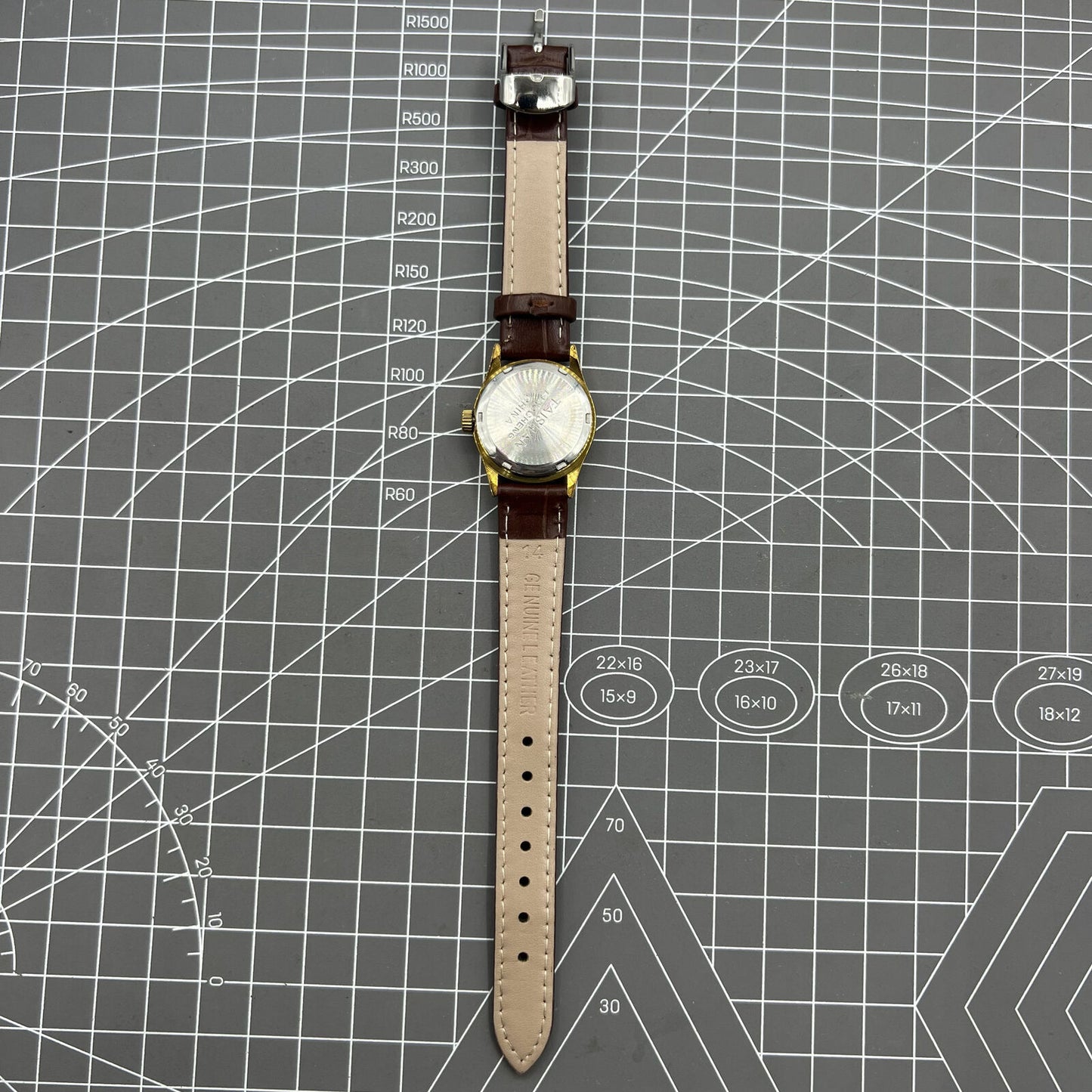 Elegant 26mm Liaocheng TAISHAN lady watch with brown leather strap, 19-jewel manual movement, and golden nail markers for refined style.