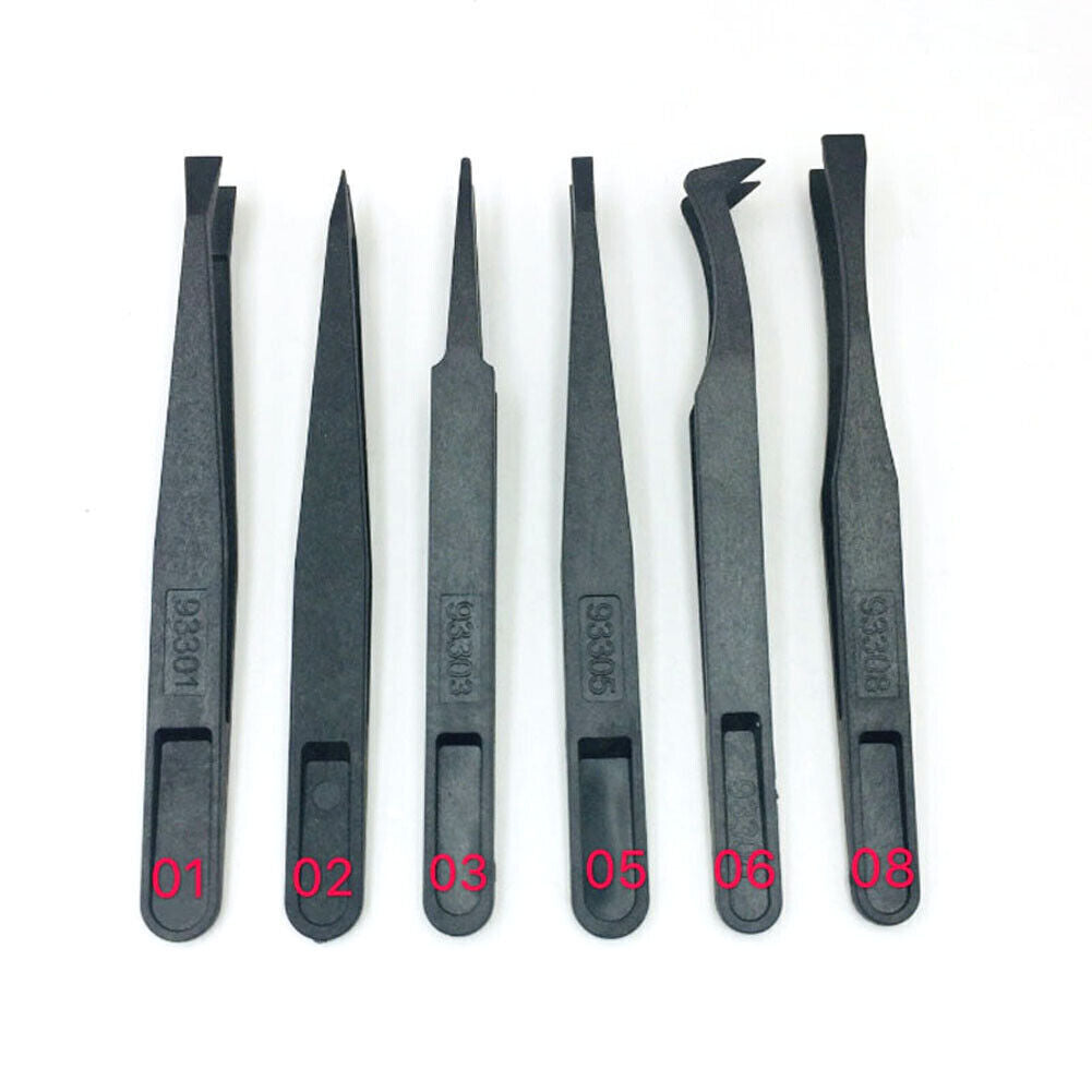 Set of 6 Carbon Fibre anti-static tweezers 6751, perfect for precise electronic repair tasks.