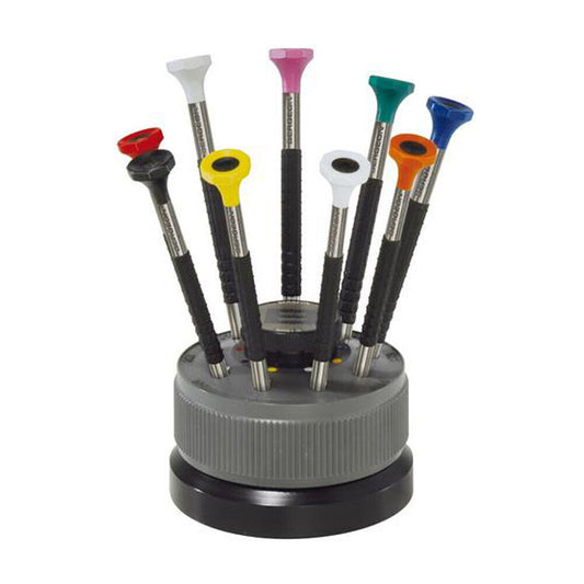 Bergeon 6899-S09 ergonomic screwdriver set with 9 stainless steel precision tools for watch repair.