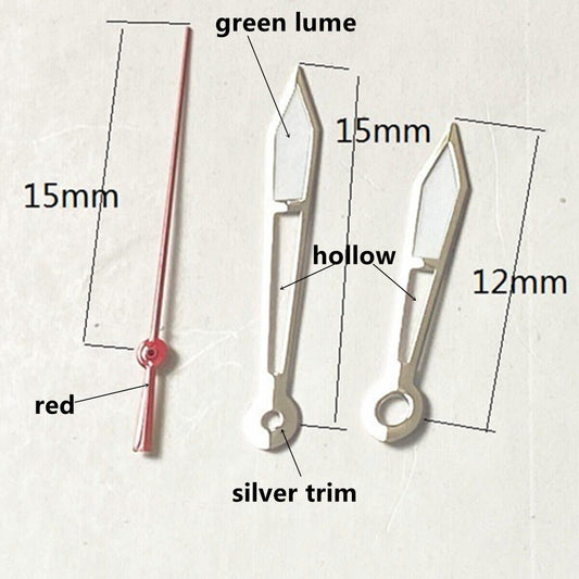 Silver Trim Hollow Green Lume 15mm Watch Hands set for Ronda 515 quartz movements, luminous for night visibility.