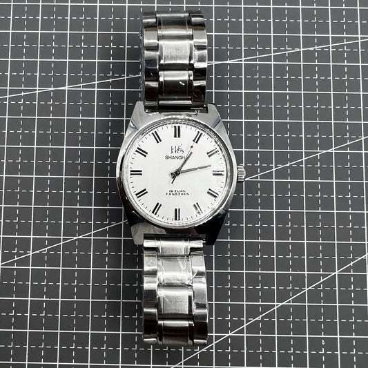 38mm Shanghai Factory manual mechanical watch with white dial, 3 hands, 19 jewels, classic design.