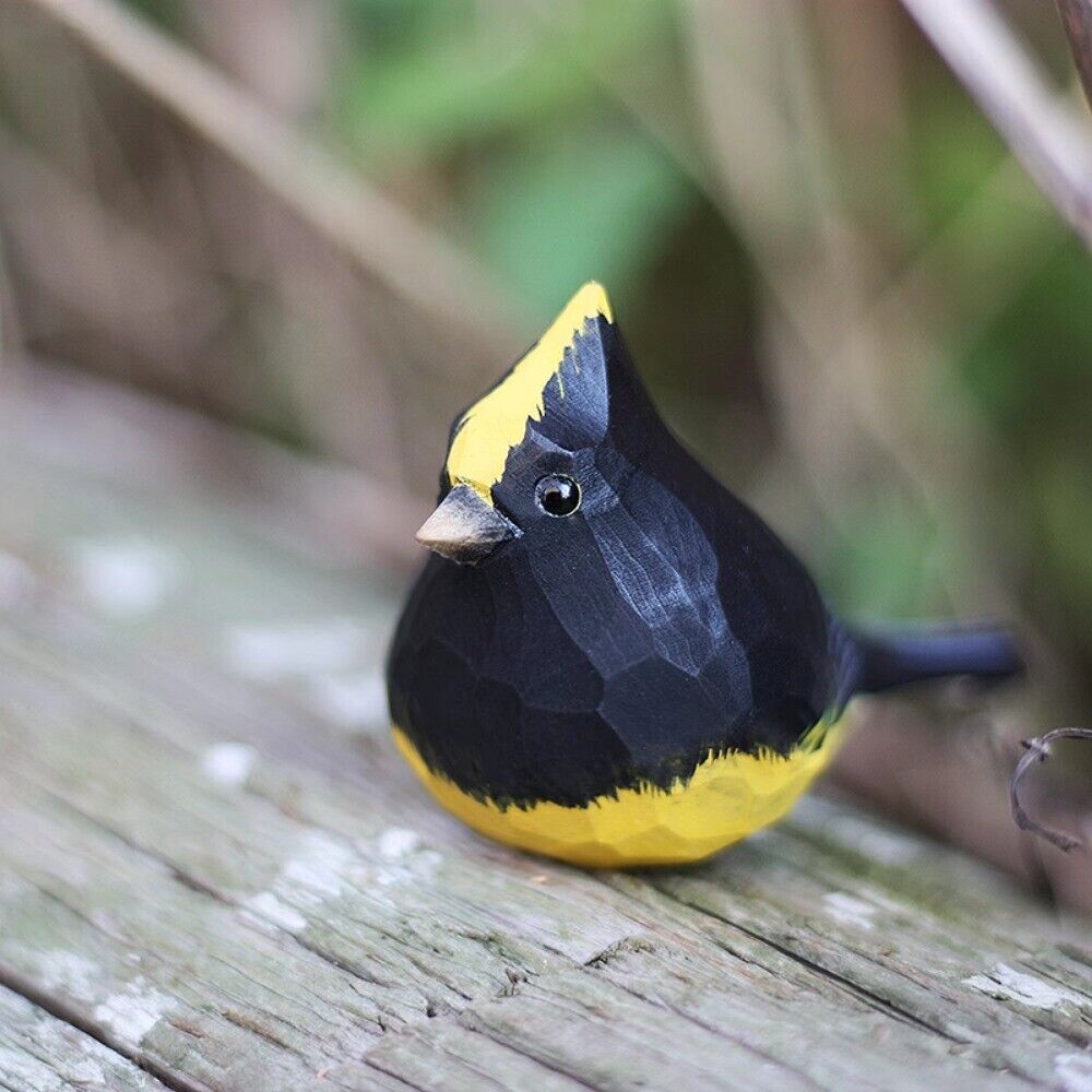 Handmade Crown Sparrow wooden figurine with yellow mane, decorative bird sculpture, ideal for shelves.
