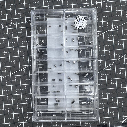 90PCS AC-628SS-5 stainless steel watch crown tubes, diameters 1.5mm-2.5mm, durable replacement parts by AC brand.
