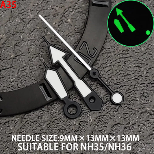 Watch Hands 13mm green lume with black trim and white arrow design for NH35/36 movement.