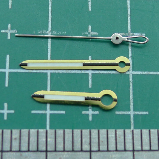Golden trim watch hands set compatible with ETA 2824 2834 2836 2846 movements for precision repairs.