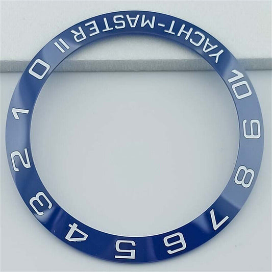 Ceramic 38mm blue bezel ring with white font for Yacht Master watch, enhancing style and durability.