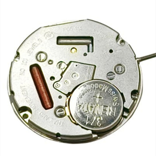 ETA F05.111 Swiss quartz watch movement showing 3 hands and date at 3 o'clock for precise timekeeping.