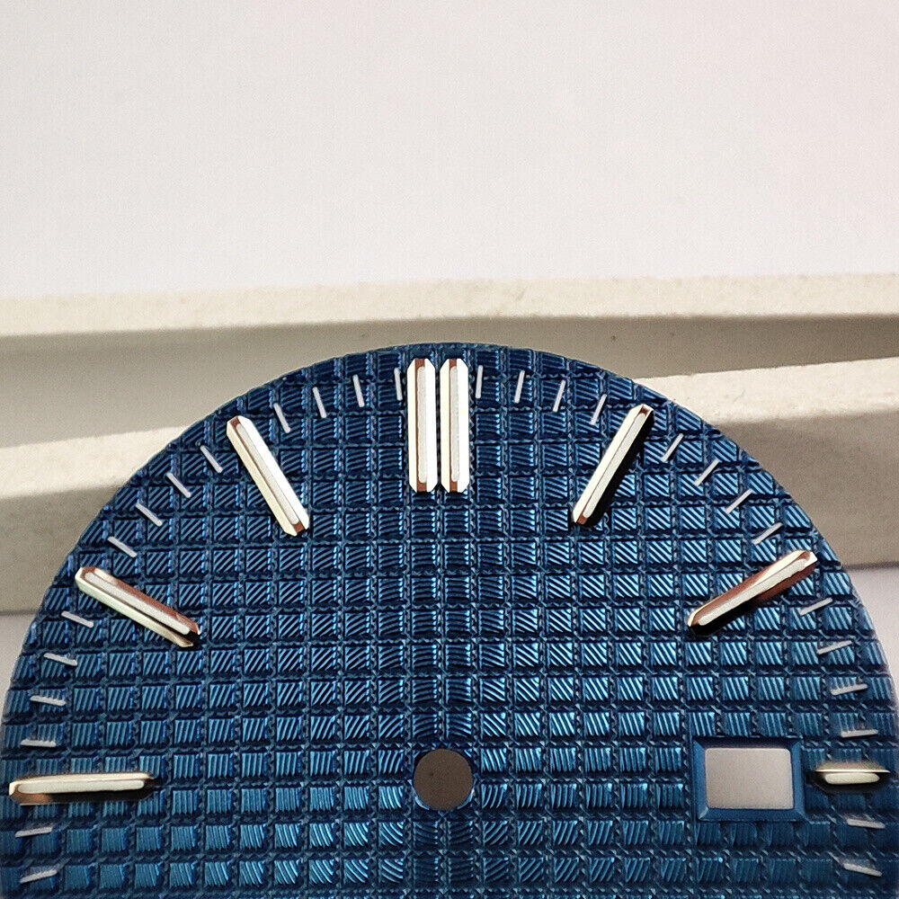 Green lume watch dial with silver trim and blue check pattern, compatible with NH35 movement.