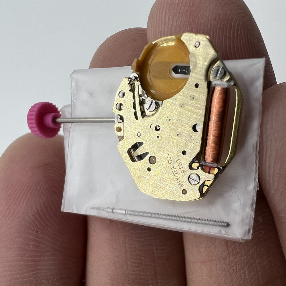 Miyota 9T33 Japan quartz movement showing precise watch mechanism for accurate timekeeping.