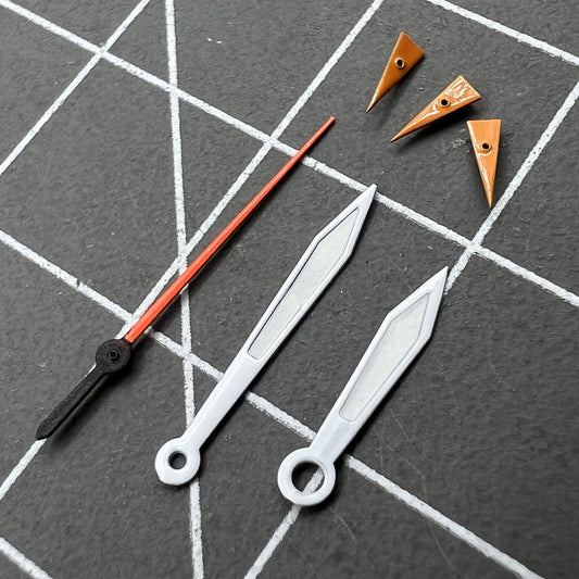 Orange 14mm green luminous watch hands with silver trim for Miyota 0S10 movement, BrandName quality.