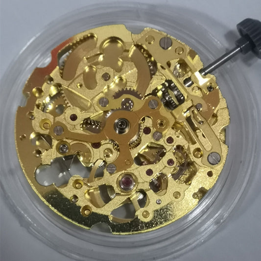 Japan Made Miyota 8N24 Golden automatic skeleton watch movement by Miyota, precision craftsmanship.