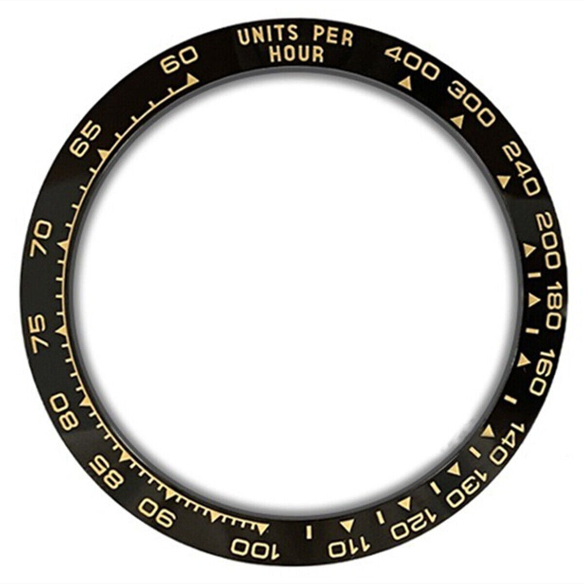 Ceramic black watch bezel with golden Daytona font, 37.65x30.7mm slope design for luxury accessories.