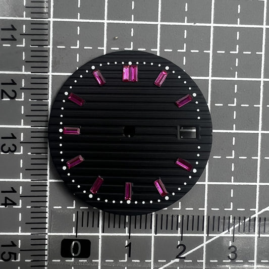 29.8mm pink gemstone watch dial for Seiko NH35 movement, black base, stylish nail design.