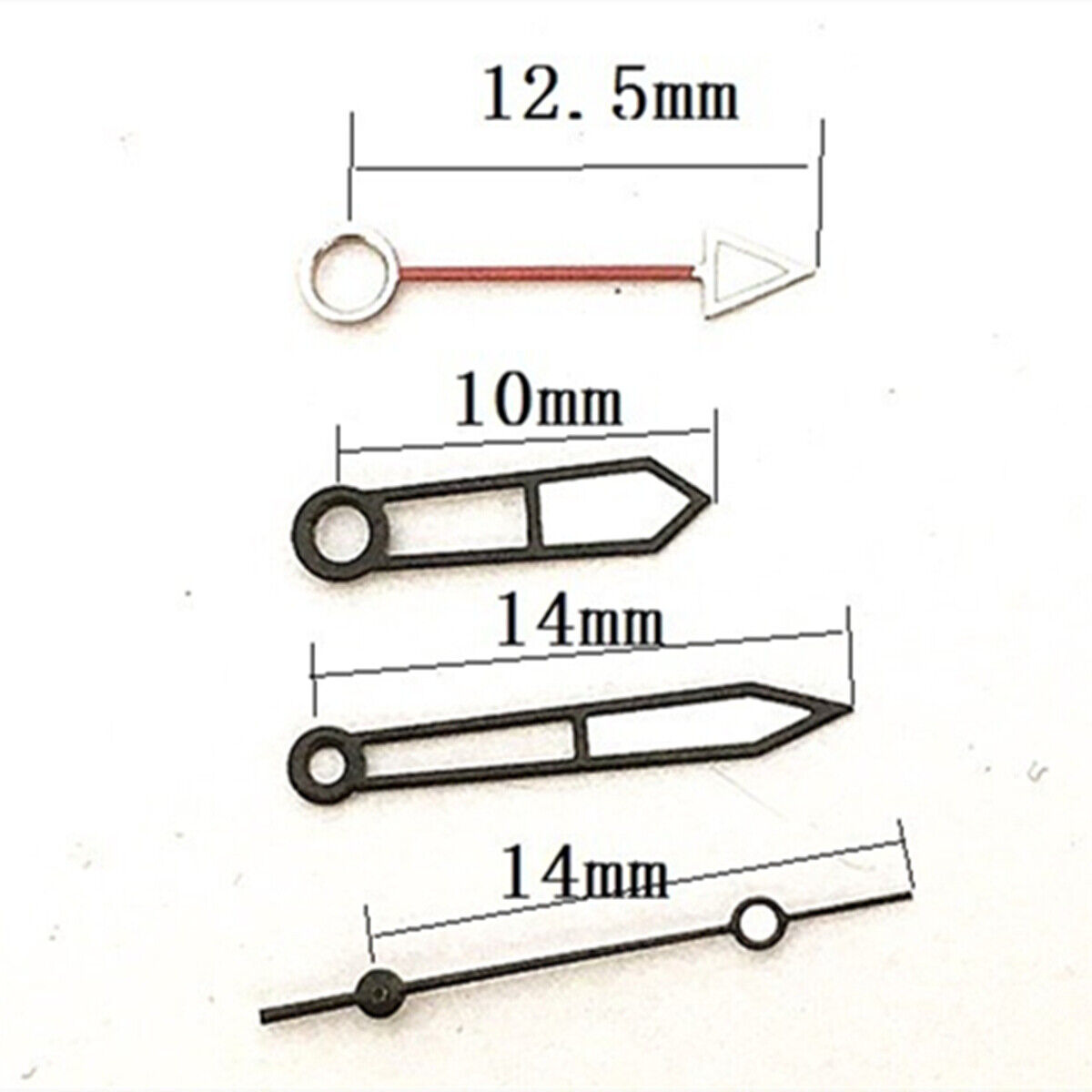Green luminous hollow watch hands with black trim for Miyota 8205 movement, enhancing readability and style.