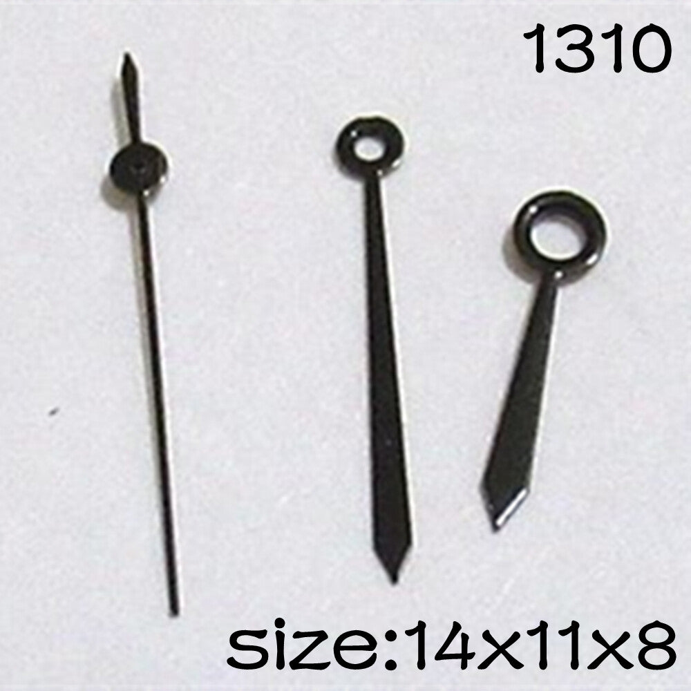 Black Miyota 2035 watch hands set by NO.1310, lengths 14mm, 11mm, 8mm, precise fit for accessories.