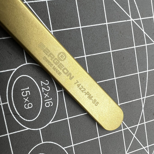 Swiss Bergeon 7422-PM-S5 brass anti-magnetic tweezers for precise watch repair and assembly tasks.