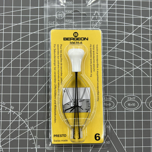 Swiss Bergeon 30670-6 curved dial remover tool for precise second hand removal in watch repair.