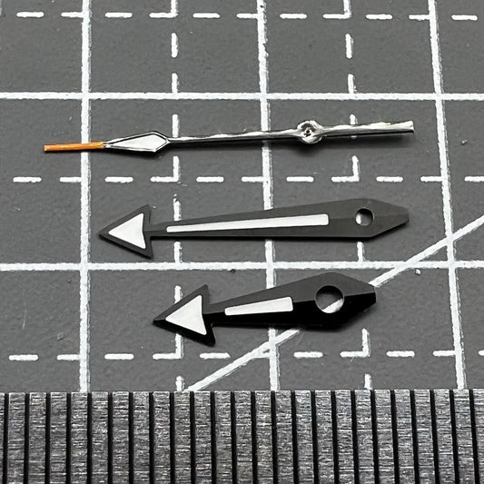Green luminous arrow-shaped watch hands with black trim for Movement 8200/8215.