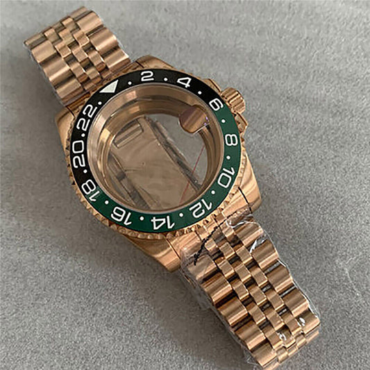 Golden 40mm watch case with sapphire glass for NH35/36 movement, compatible modified watchband.