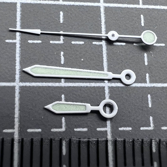 Set of 17mm green lume watch hands with white trim for Miyota 2035, 2115, 2105 ? brand quality.