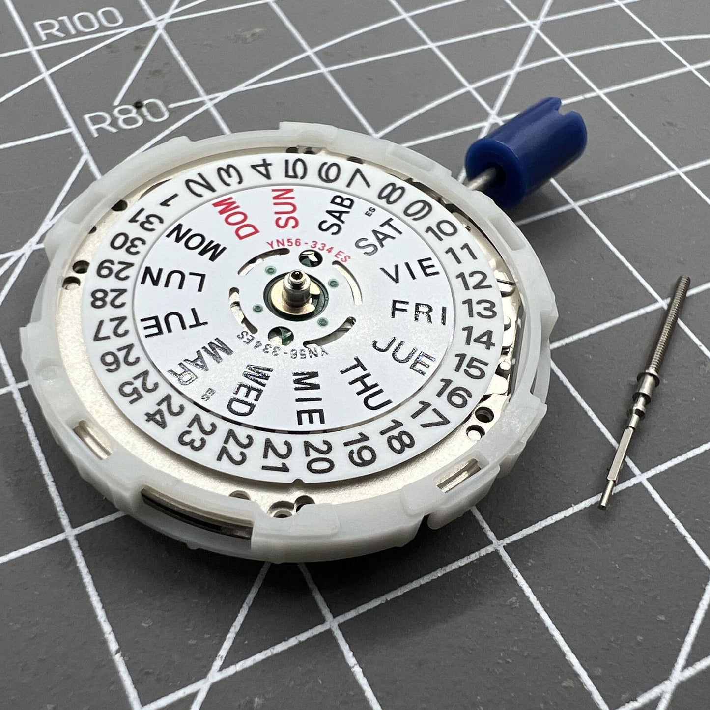 Japan Epson YN56 mechanical watch movement showing date and day display for watch repair.
