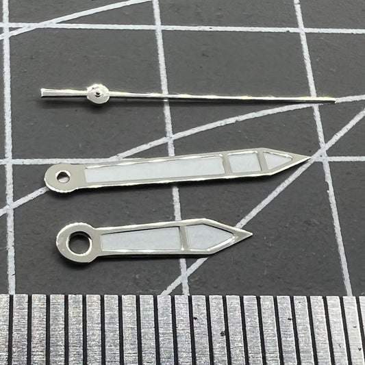 Silver 15.7mm watch hands with white paint and silver trim, compatible with Miyota 2315, 2035, 2036, 2115, 2305 movements.